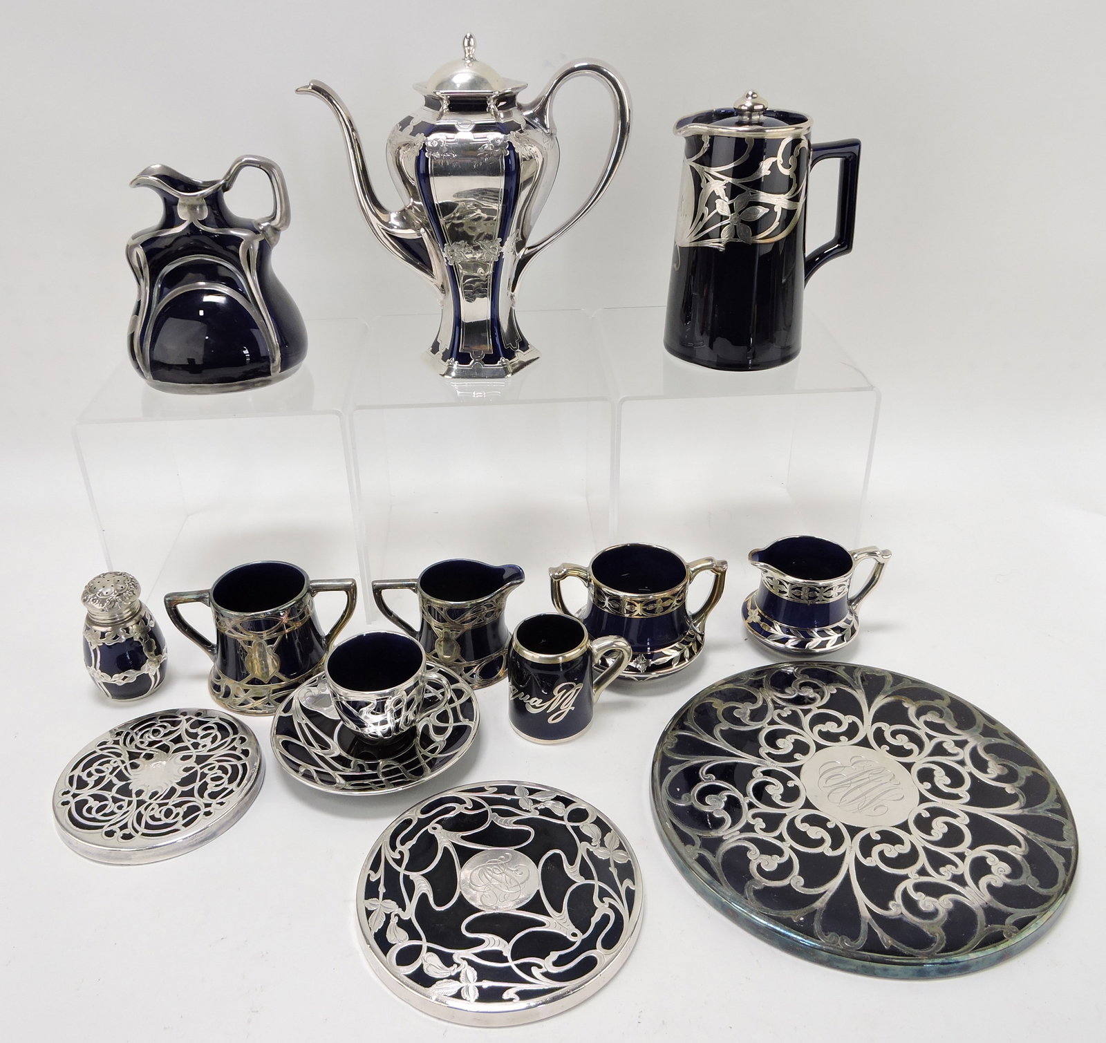 Lenox porcelain cobalt lot of 14 pcs: with silver overlay