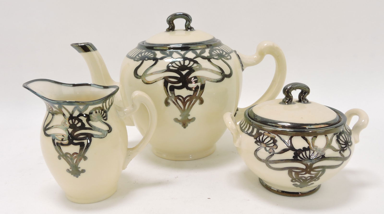 Lenox Belleek ivory porcelain 3 pc: tea set with silver overlay