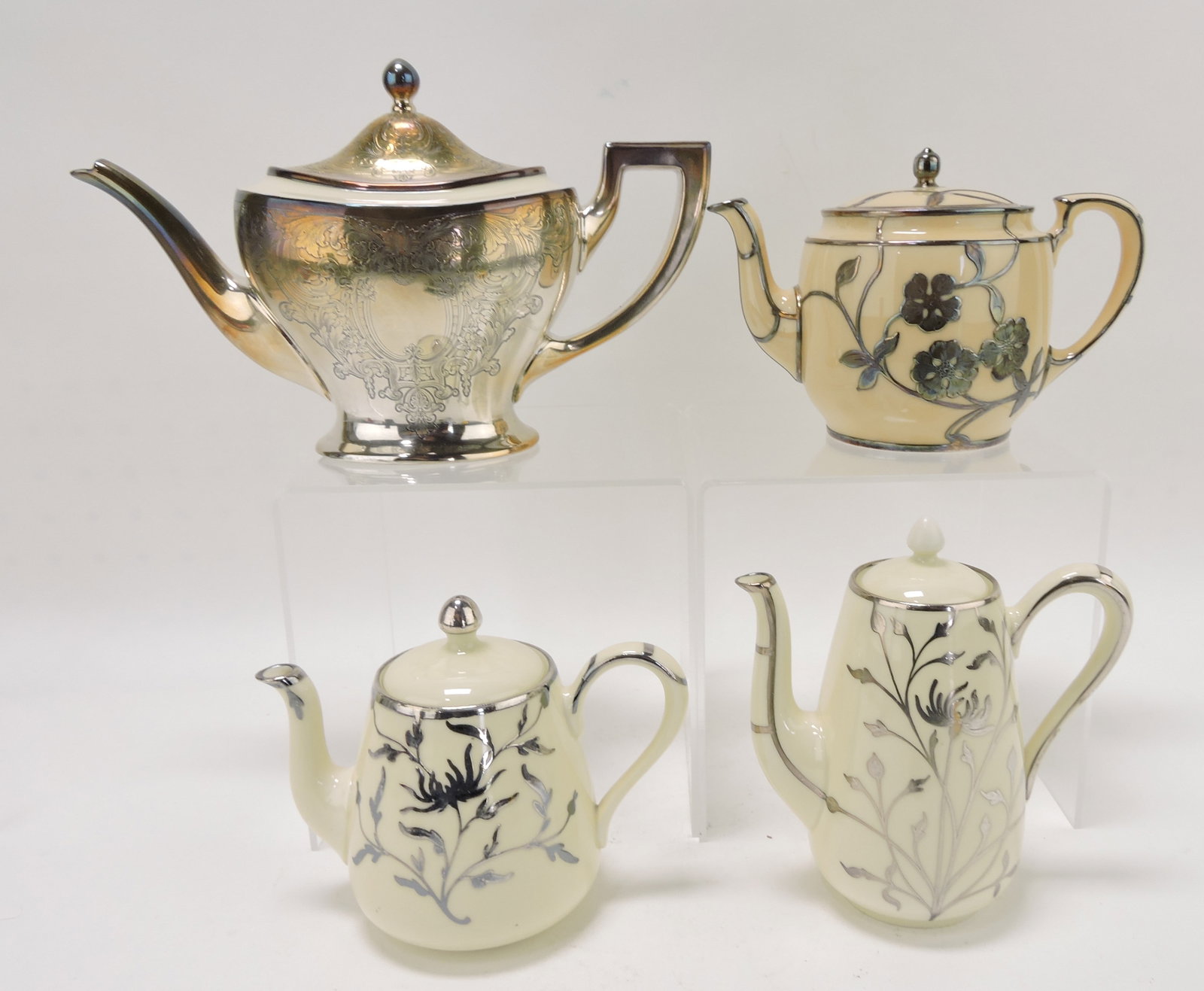 Lenox ivory porcelain lot of 4 silver: overlay teapots