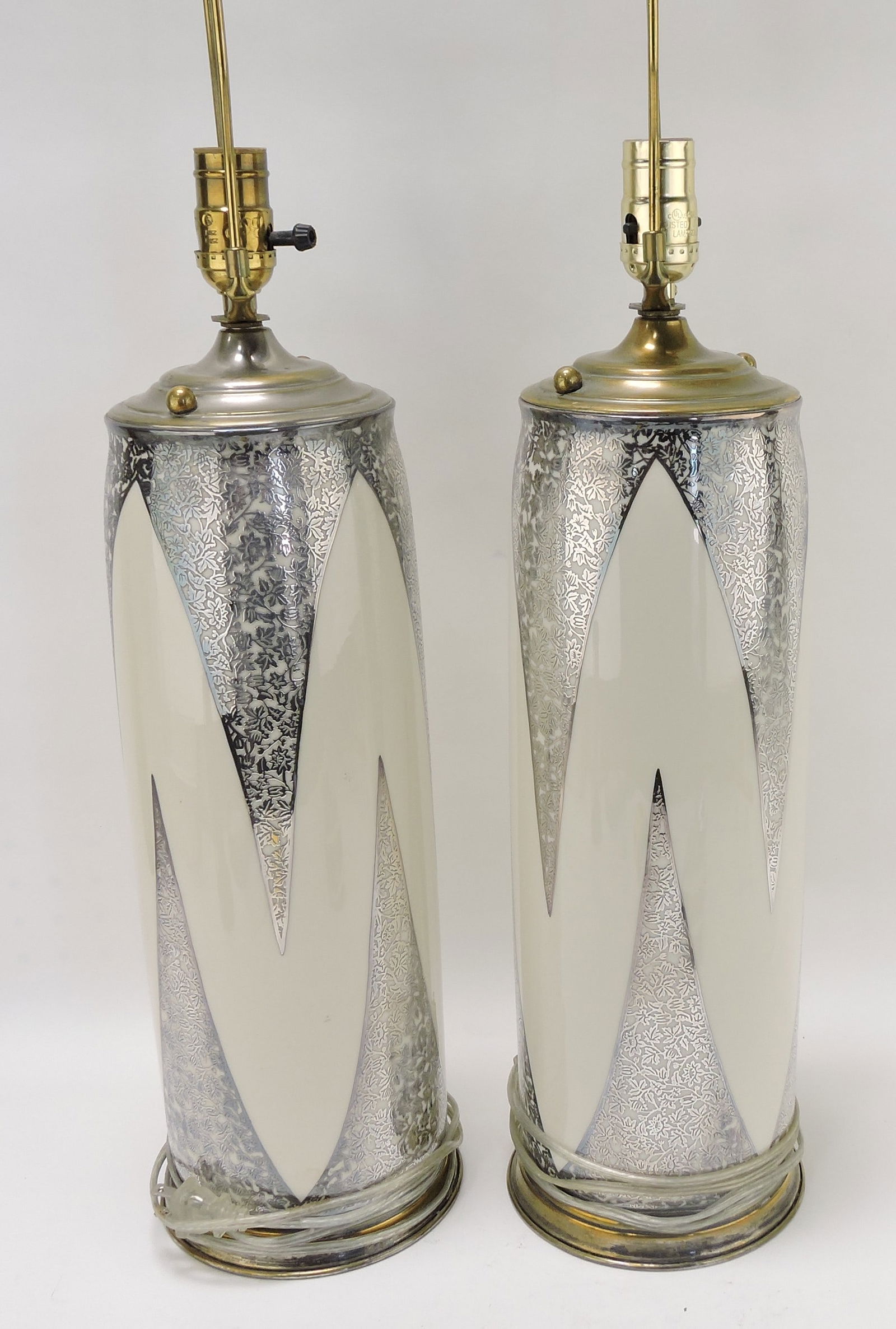 Lenox porcelain silver overlay pair of: table lamps with linen shades, vase 15", overall 32"