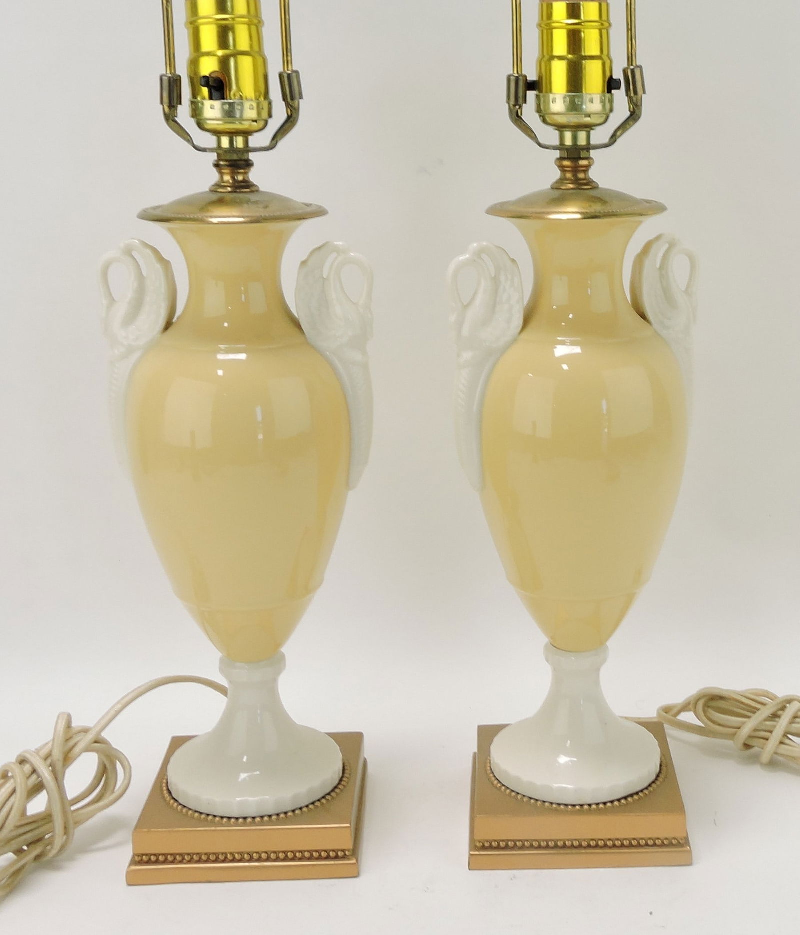 Lenox porcelain pair of table lamps: with swan handles and linen shades, vase 10 1/2", overall 23"