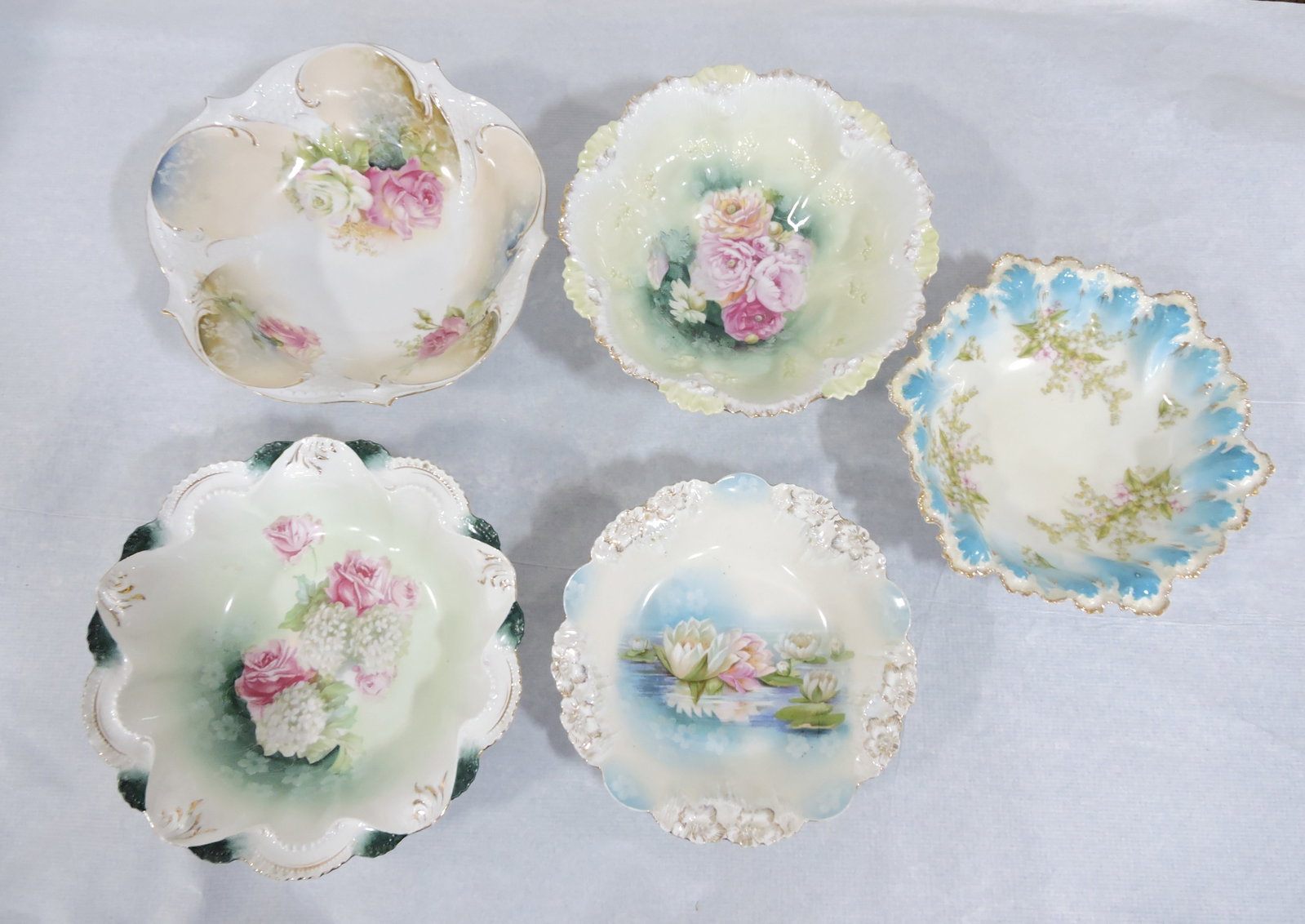 Lot of 5 hand painted deep bowls:: 3 - RS Prussia, 1 Wheelock Prussia, 1 Bavarian