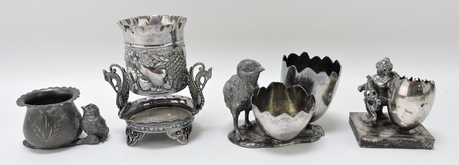Silverplate lot of 4 figural toothpick: holders