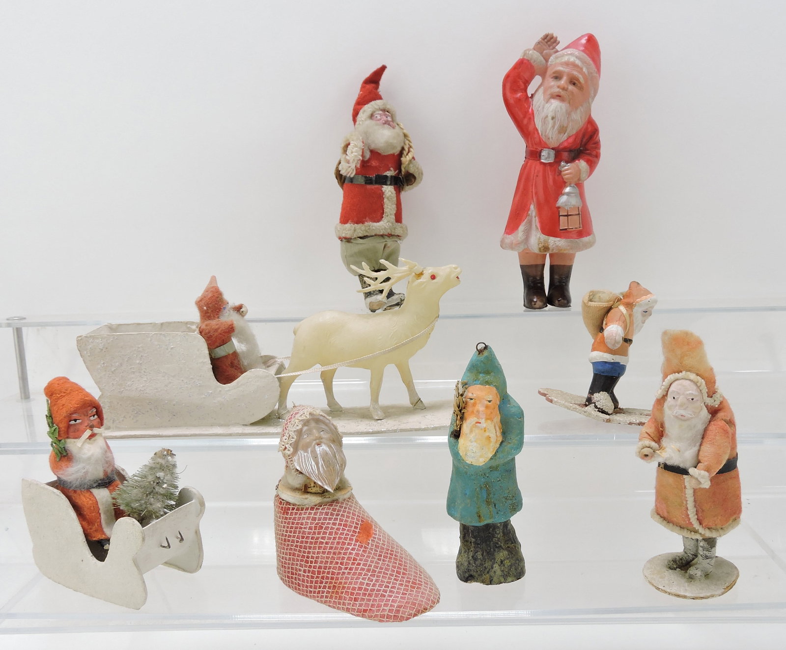 Lot of 8 Santas: Belsnickel, cloth,: cotton, paper mache, plastic