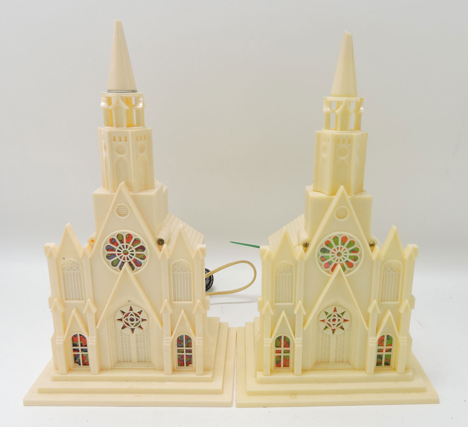 Lot of 2 plastic lighted churches, 13": .