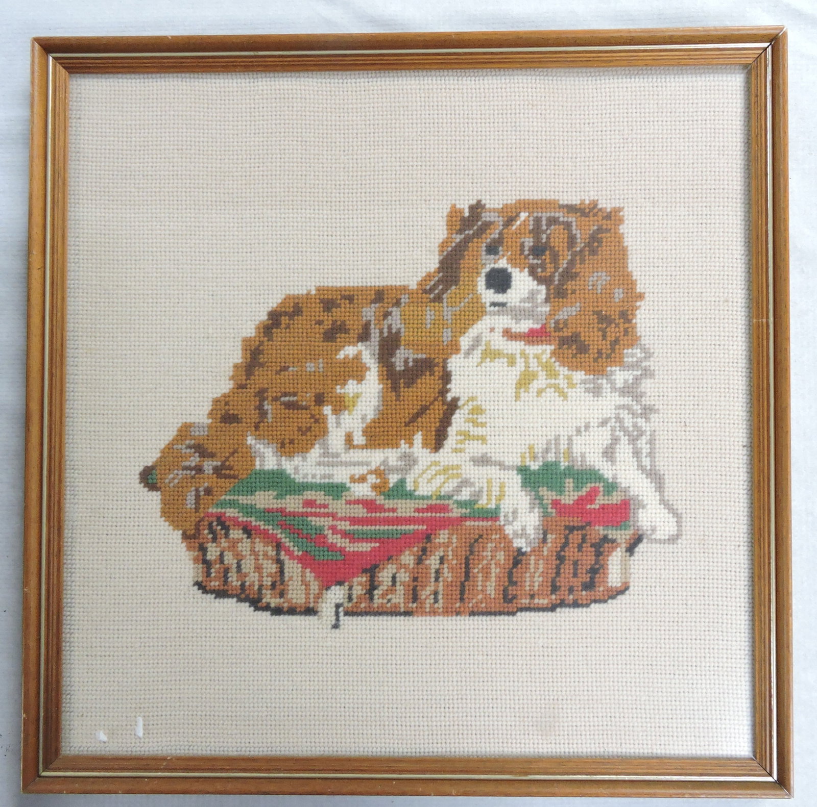 Needlework picture of dog, 17"x17": .