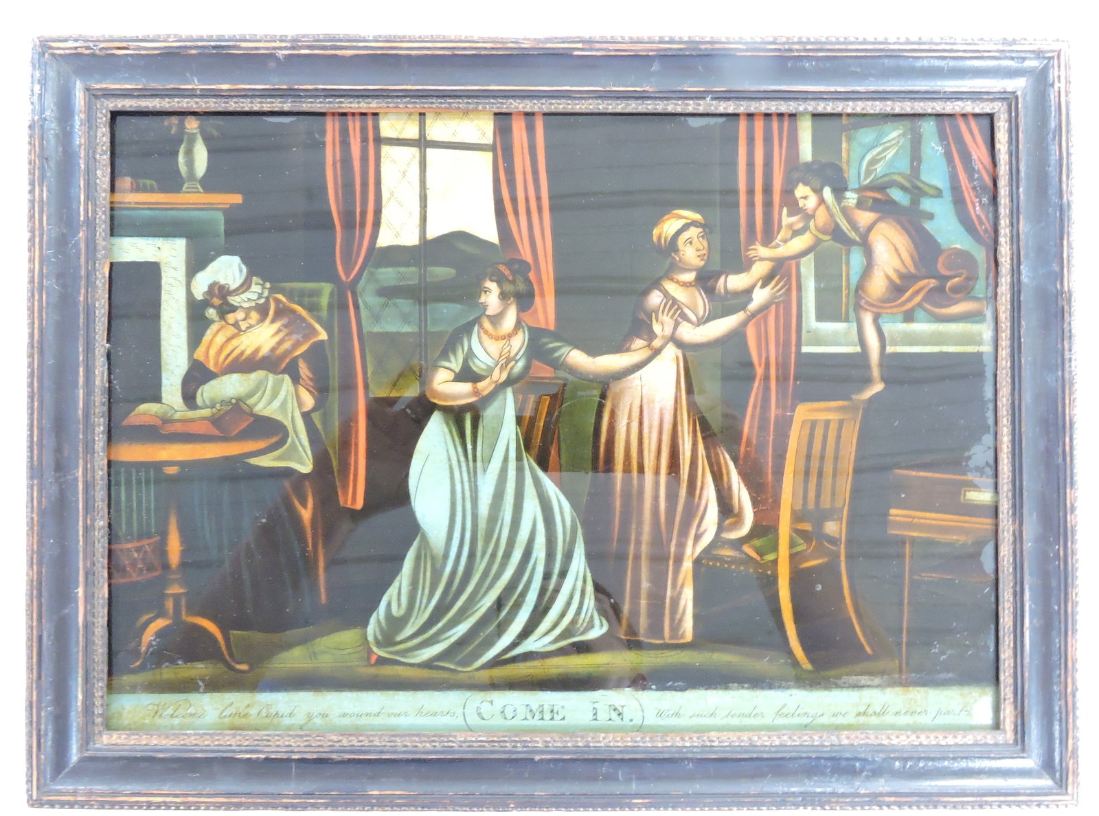 Early reverse picture on glass,: 'Come In' 11 1/2" x 16"