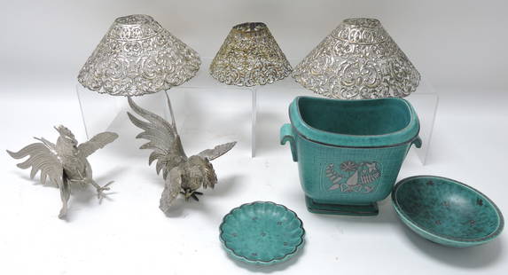 Lot of 3 silver filagree lamp shades:: pair of silver fighting cocks, Wilhelm Kage Gustavsberg pottery vase, small bowl and plate