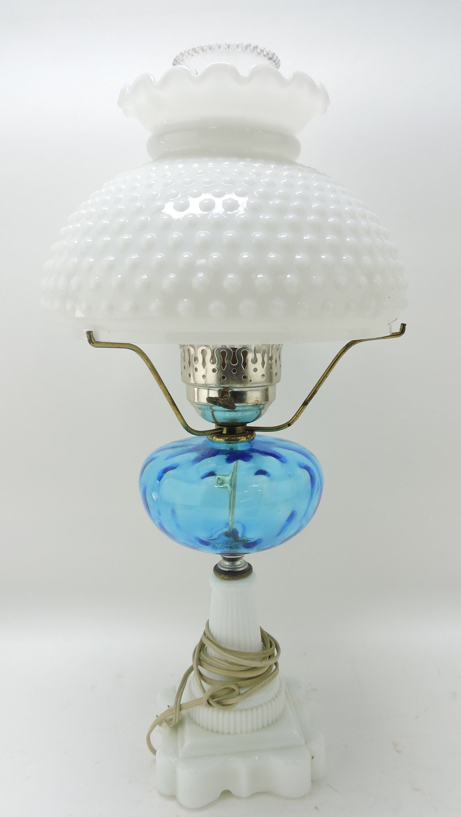 Oil lamp (electrified) with blue glass: font, milk glass base and hobnail shade