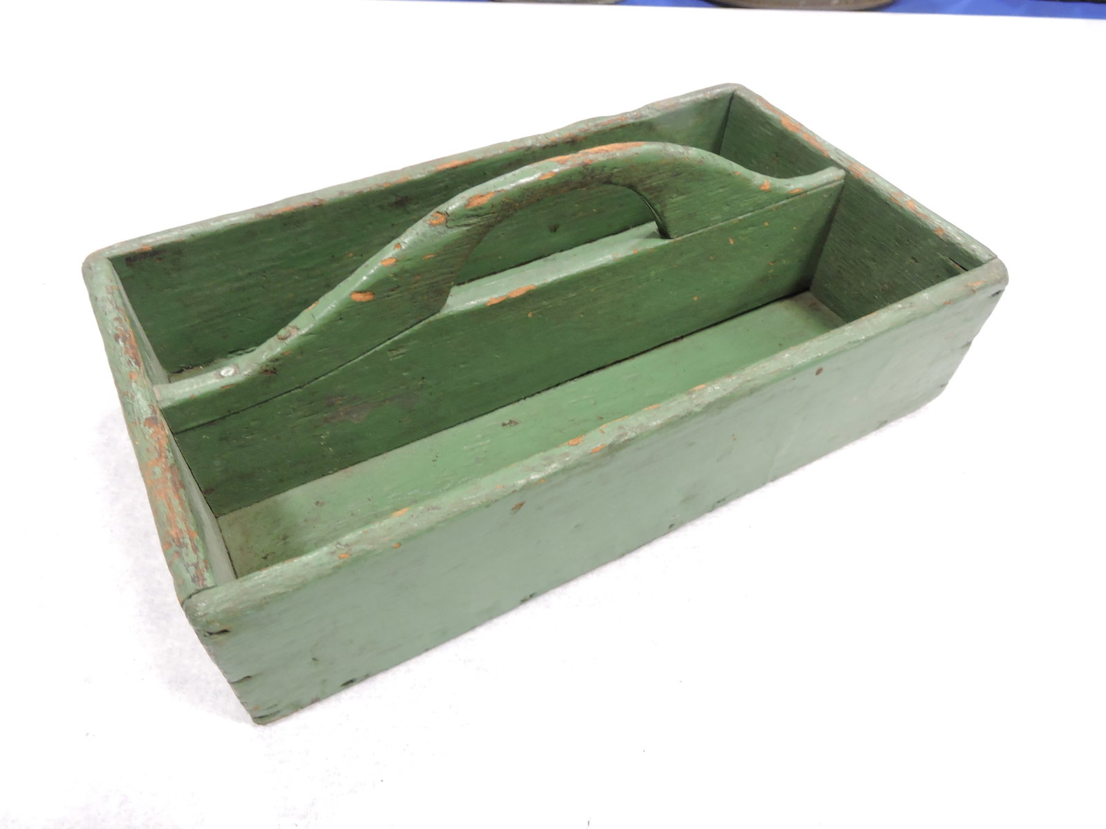 Green painted wood primitive utensil: tote, 12"