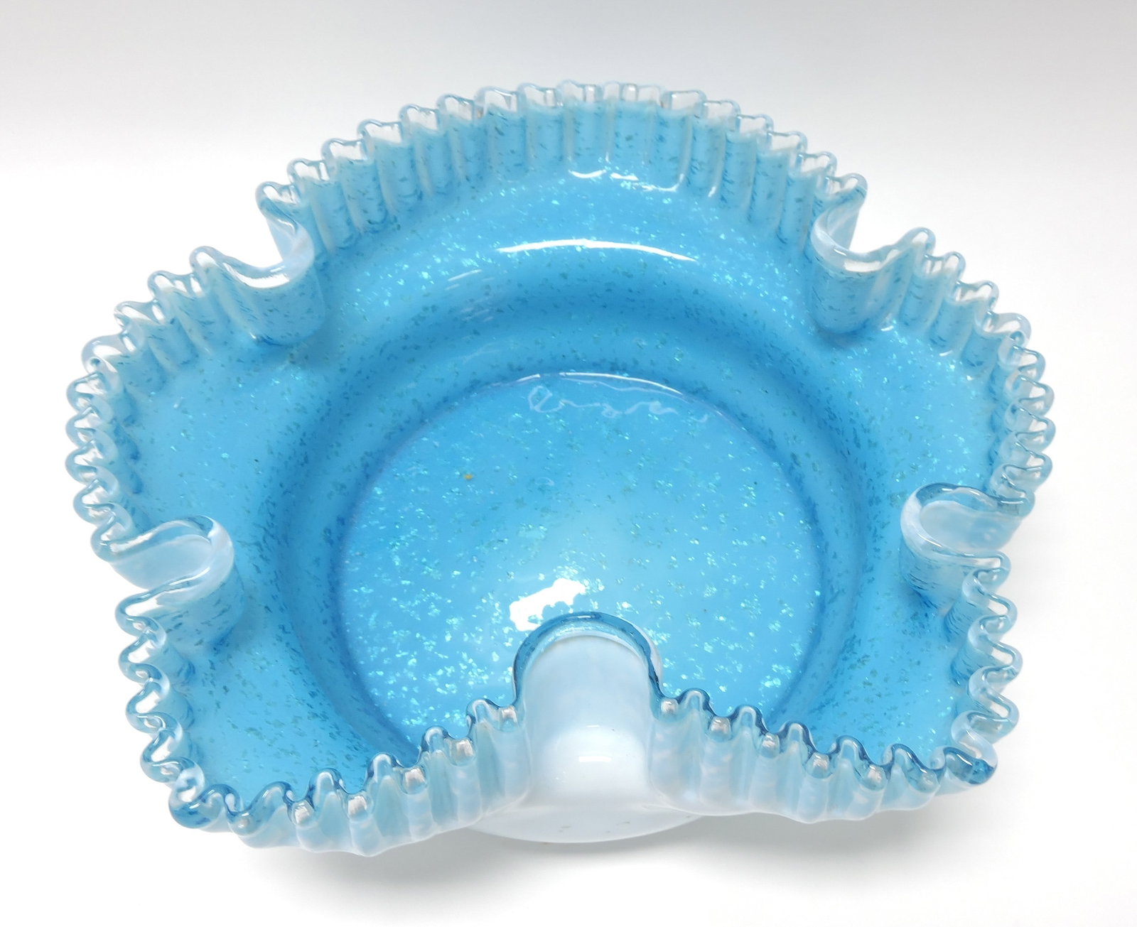 Cased art glass leaf shaped bride's: bowl with mica chips, 10"