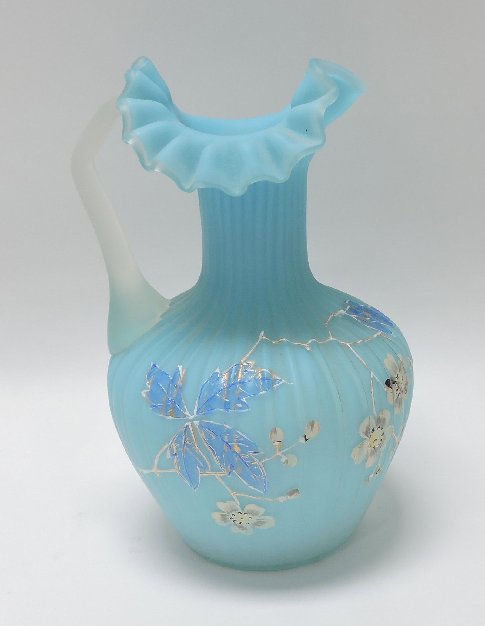 Blue satin glass enameled 8" pitcher: .