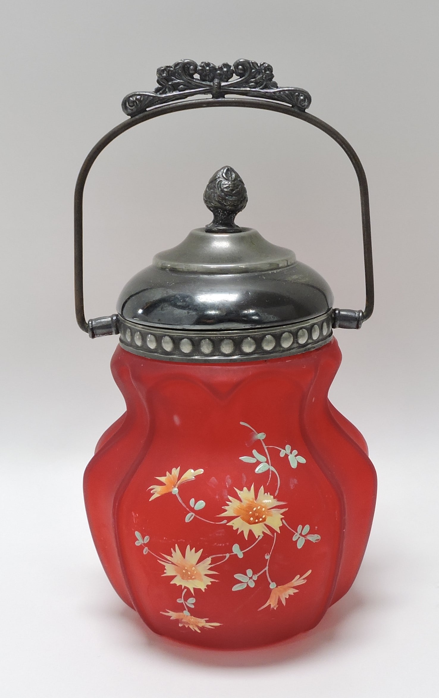 Red satin glass floral enamel biscuit: jar, 7 1/2"