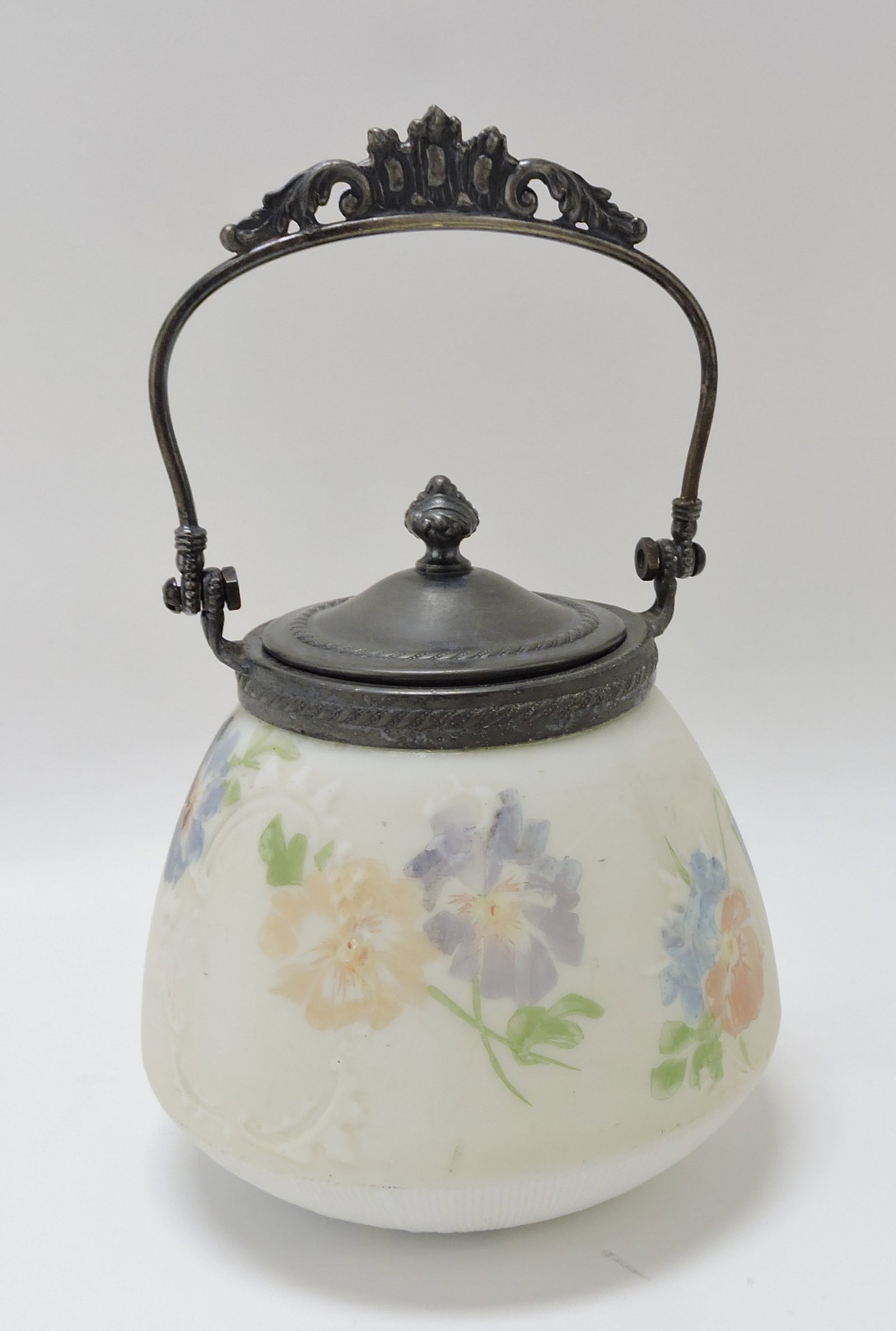 White satin glass floral enamel biscuit: jar, 6 1/4"