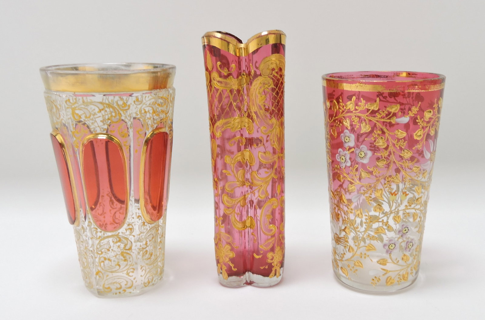 Moser cranberry enamel lot of: 2 tumblers and vase; vase 4 1/2", tumblers 4"