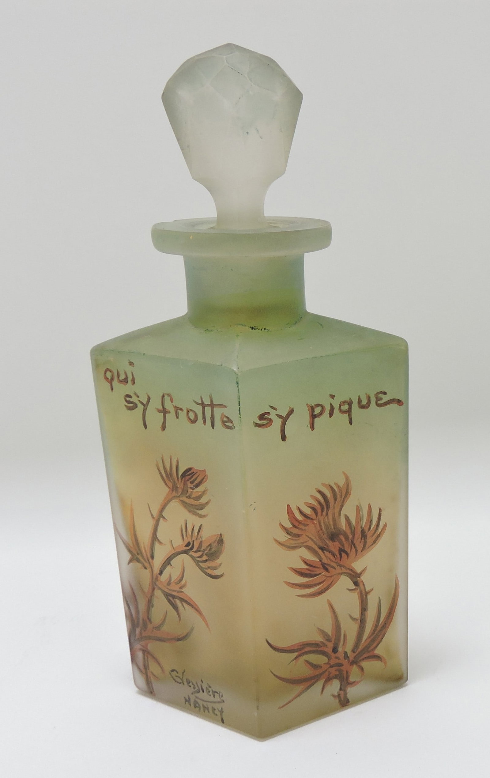 French cameo art glass enameled: perfume bottle, signed Nancy, 5 1/2", minor nick to top rim of bottle