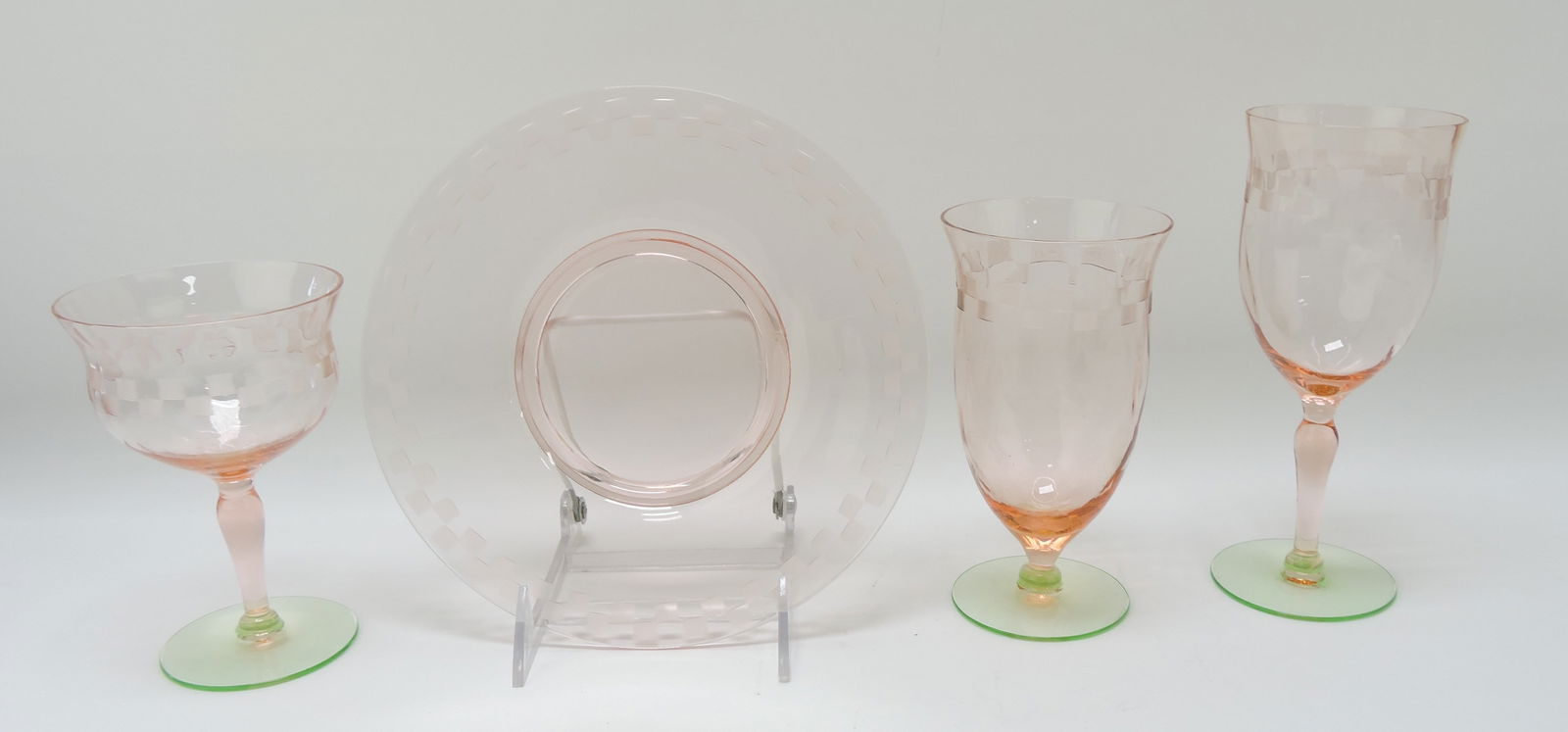 Weston Glass 1940's pink/green lot: of stemware with checkerboard etching, 6 water, 6 ice tea, 8 champagne, 7 - 8" plates