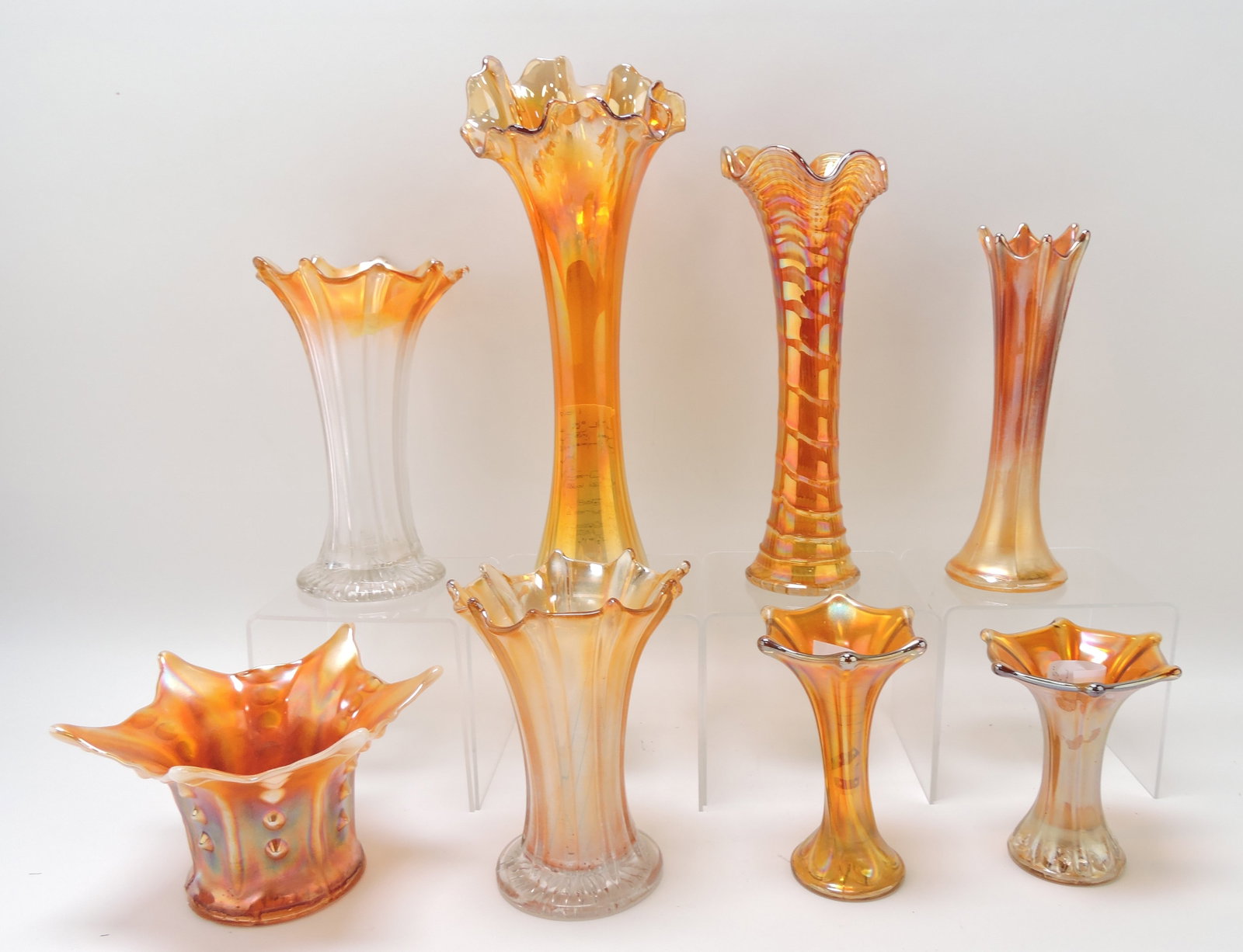 Marigold carnival glass lot of 8 vases,: 4 1/2 to 13"