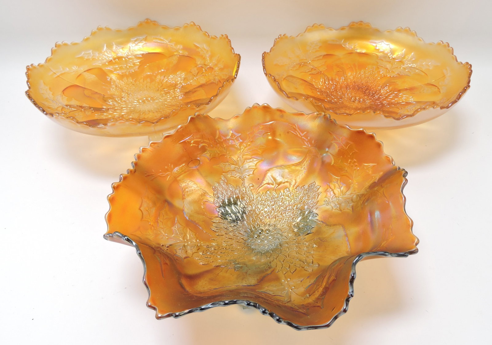 Fenton stag & holly lot of 3 - 10 1/2": bowls, 2 marigold, 1 amethyst