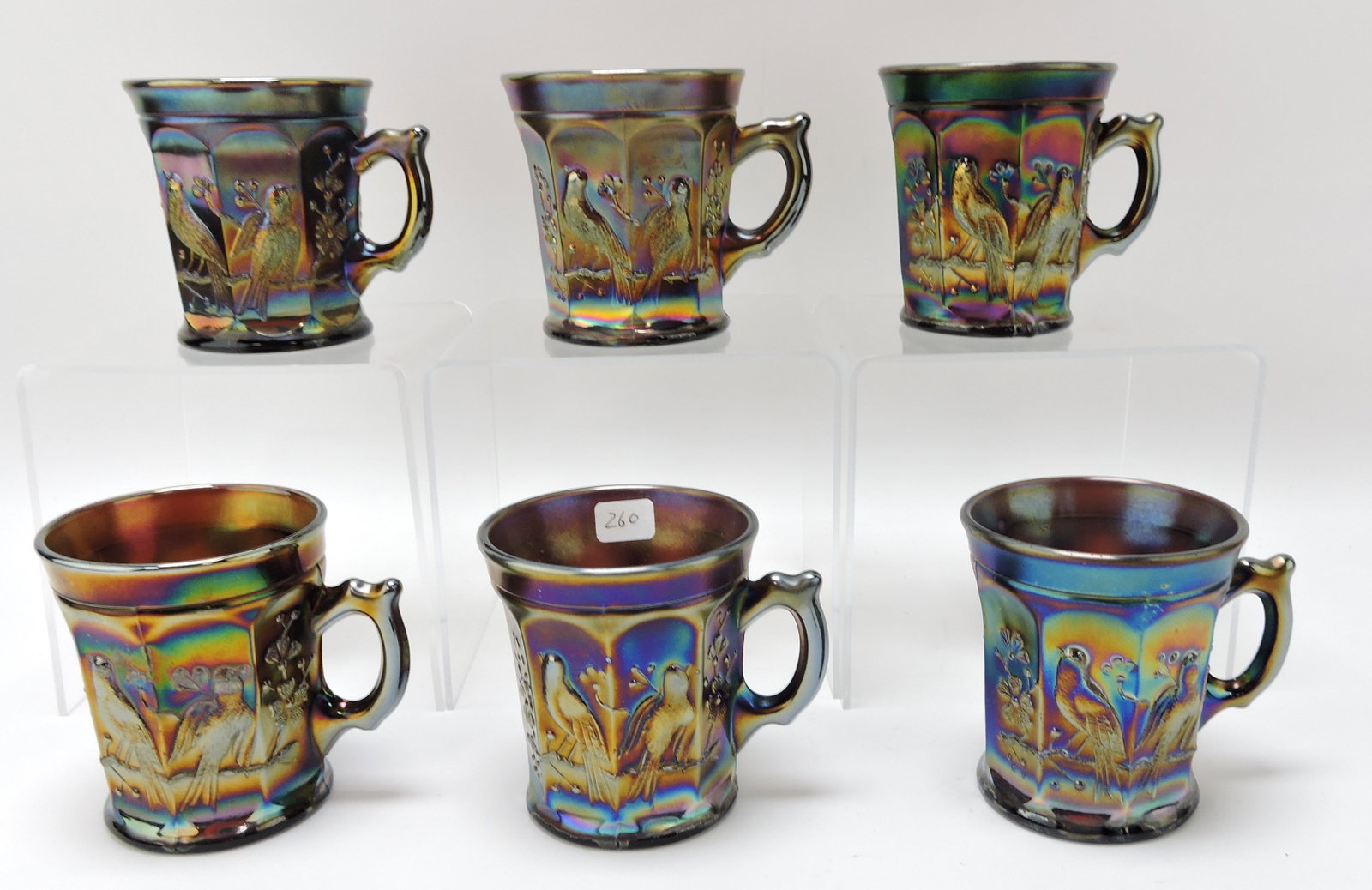 Northwood amethyst carnival glass: lot of 6 Singing Bird mugs