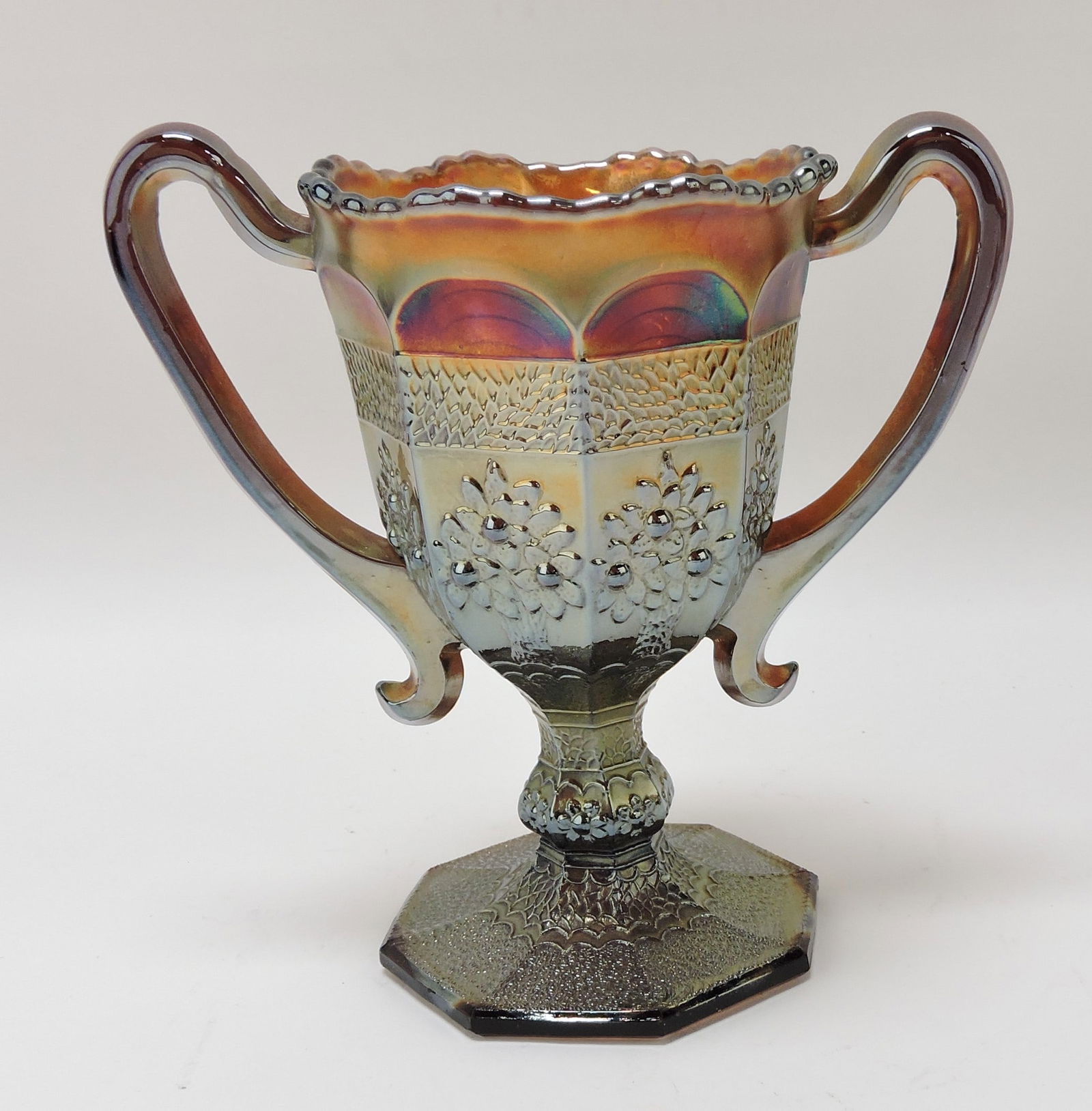 Fenton amethyst carnival glass: Orange Tree Loving Cup