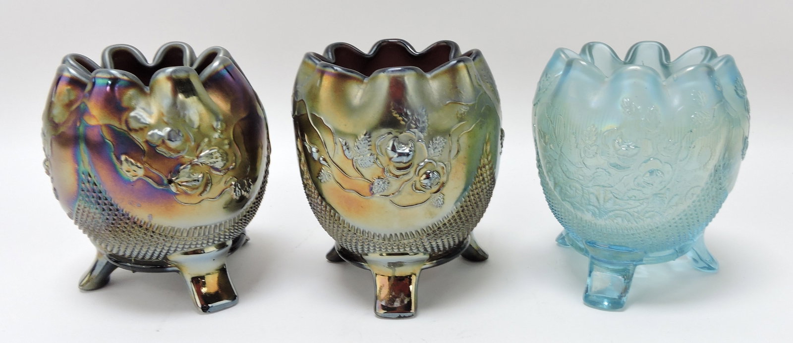 Northwood Fine Cut and Roses lot of: 3 carnival glass rose bowls, 2 amethyst, 1 ice blue