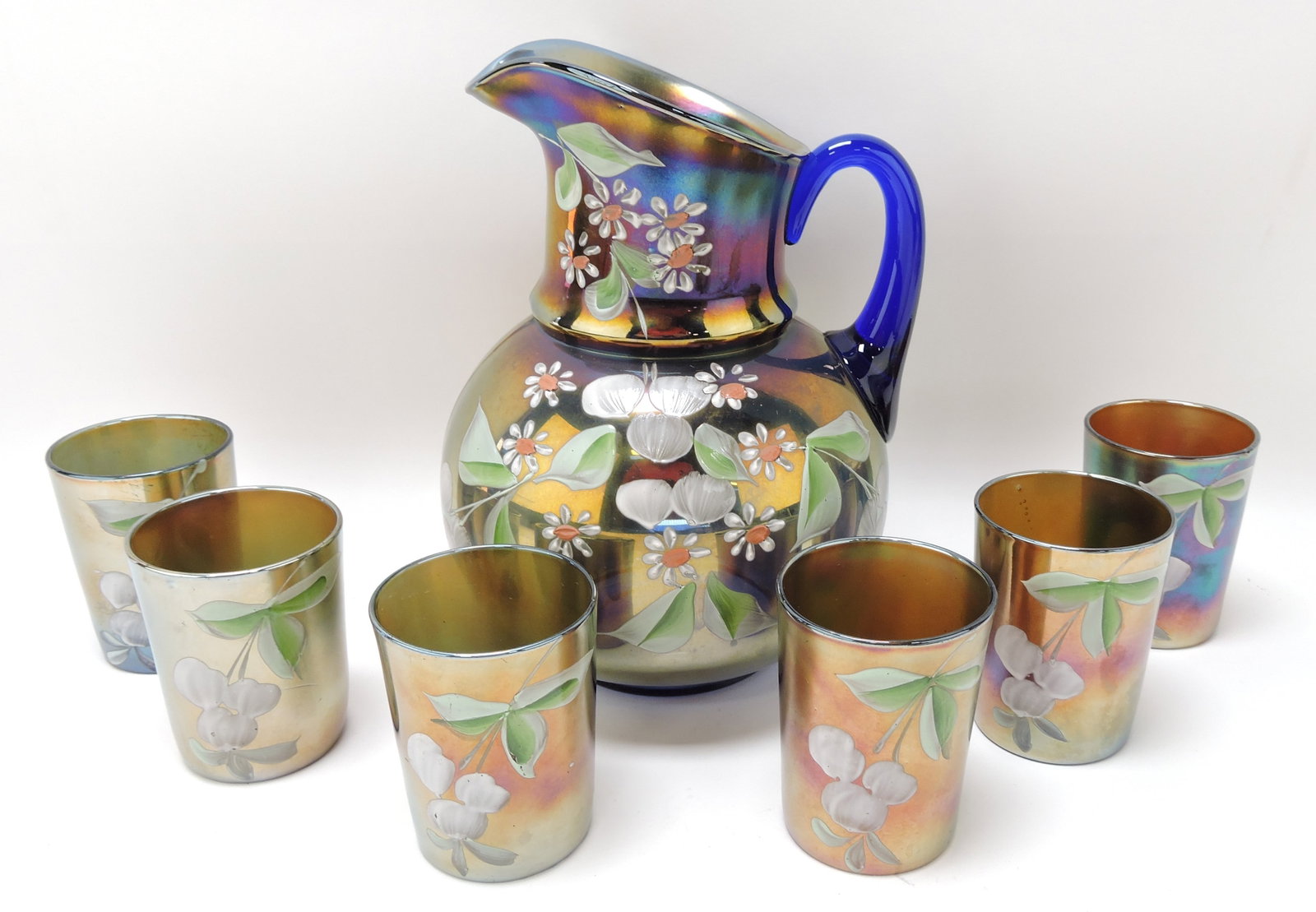 Blue carnival glass enameled 7 pc: water set