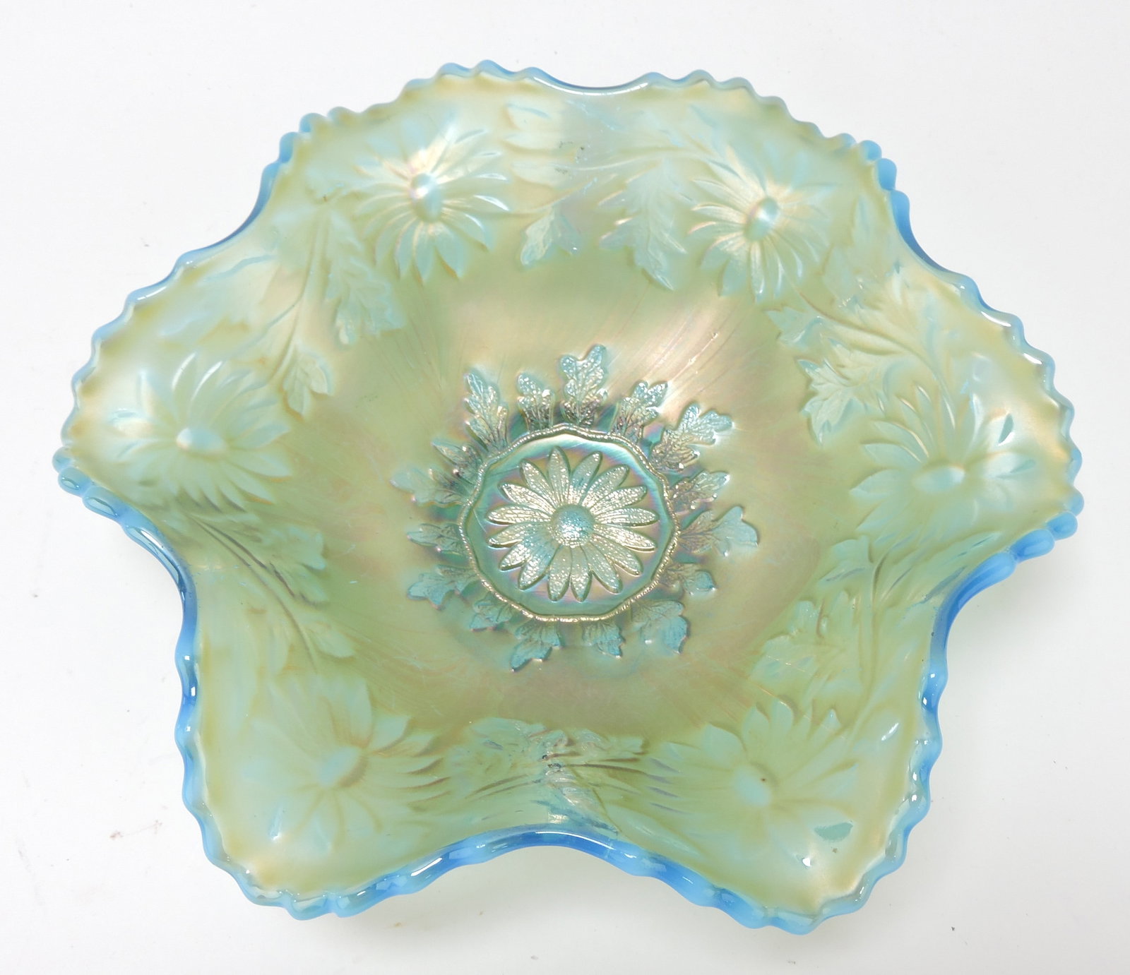 Aqua opalescent carnival glass: 8 1/2" bowl, Westmoreland Daisy and Wreath