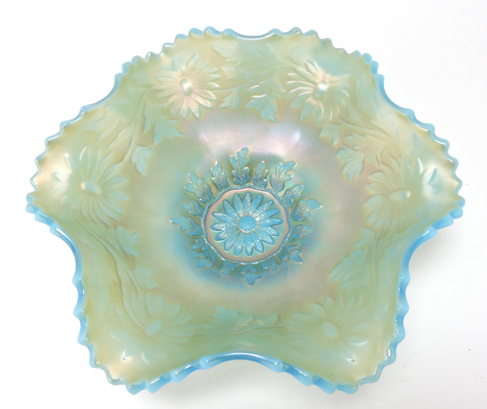 Aqua opalescent carnival glass: 8 1/2" bowl, Westmoreland Daisy and Wreath