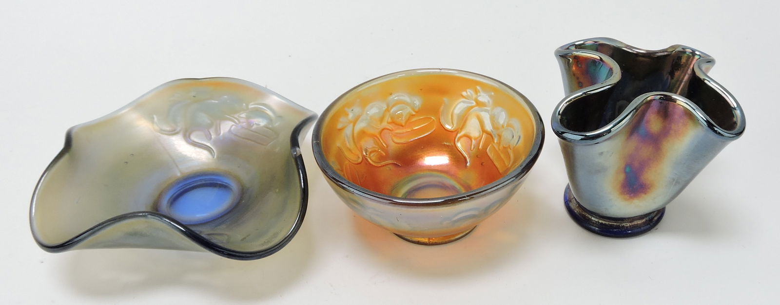 Fenton blue carnival glass 'Kittens': whimsey, bowl, and toothpick holder