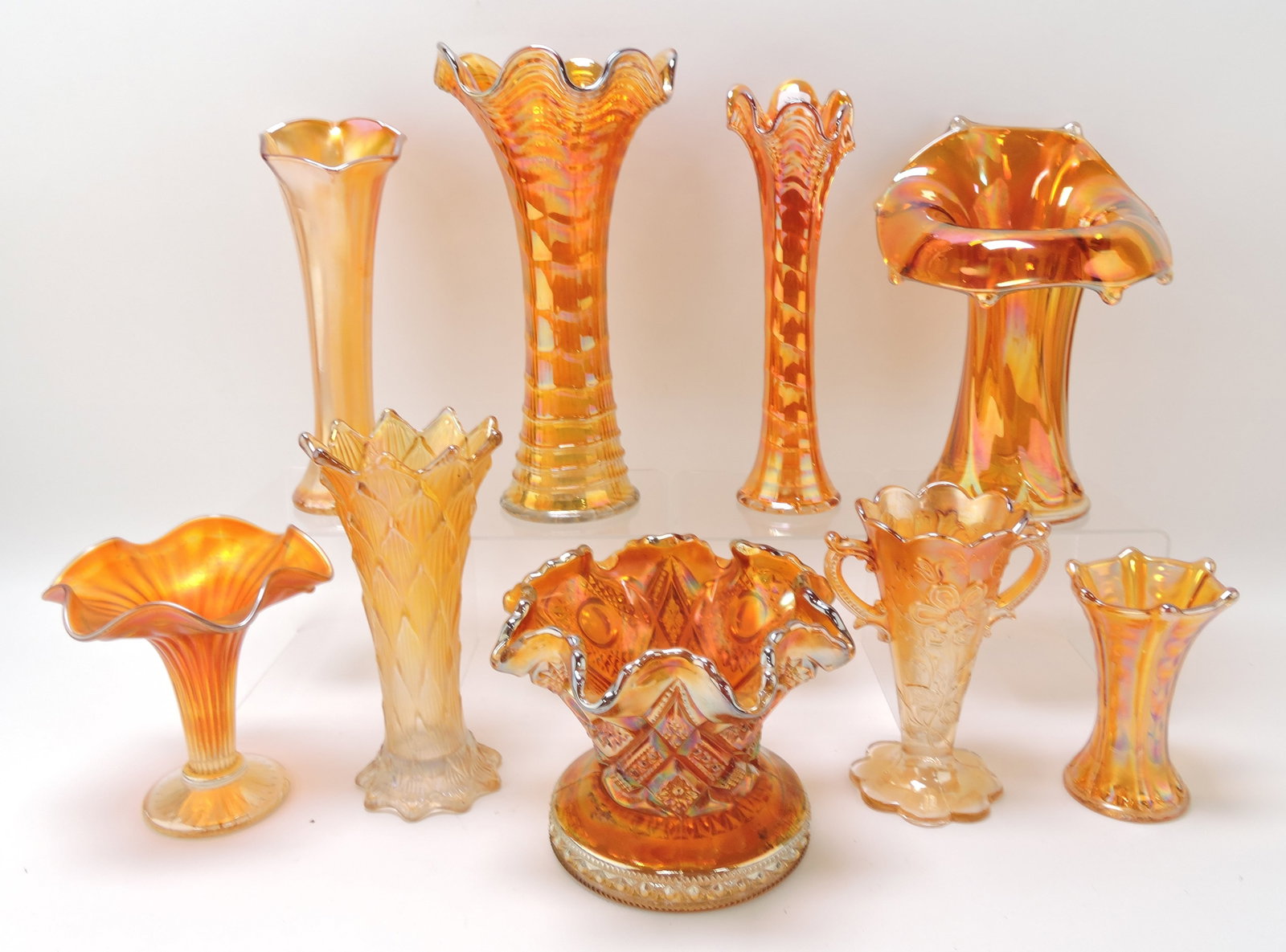 Marigold carnival glass lot of 9 vases,: 5 to 10"