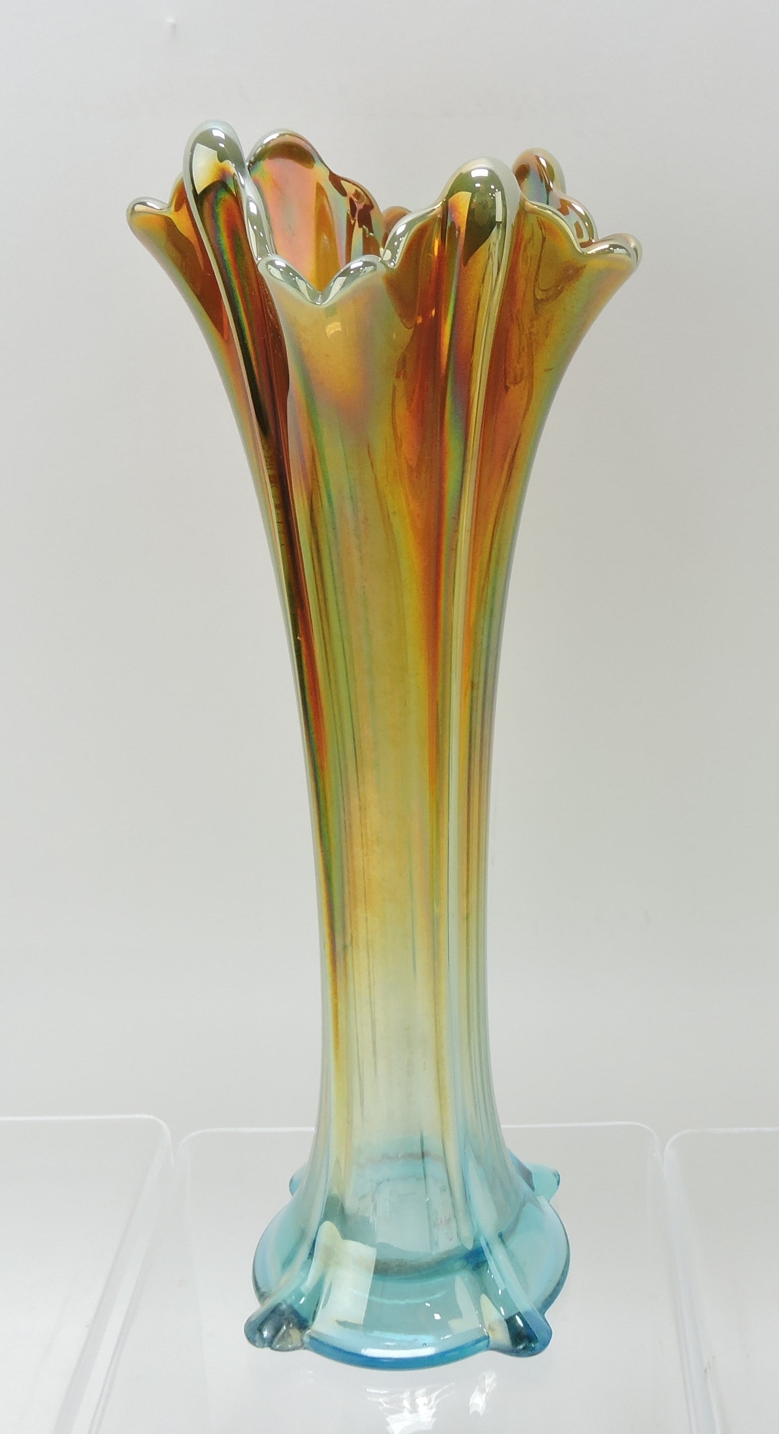 Northwood aqua opalescent 10 1/2": Four Pillars vase