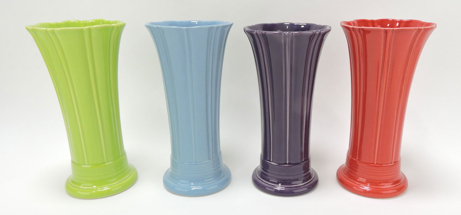 Fiesta Post 86 medium flower vase group:: chartreuse, periwinkle, plum, scarlet