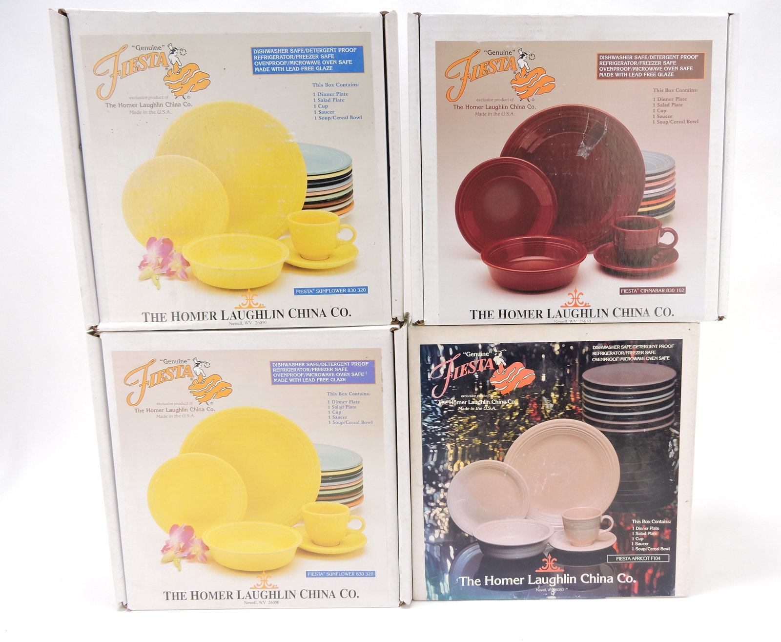 Fiesta Post 86 lot of 4 - 5 pc plate settings: NIB: 2 sunflower, cinnabar, apricot