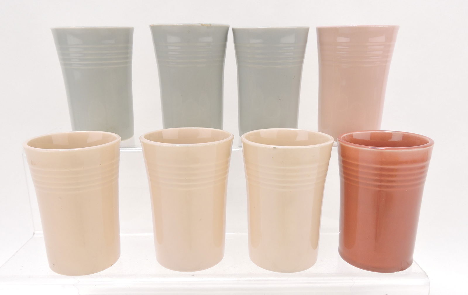 Fiesta Jubilee lot of 8 juice tumblers,: nicks, 3 gray, 1 pink, 3 beige, 1 rose