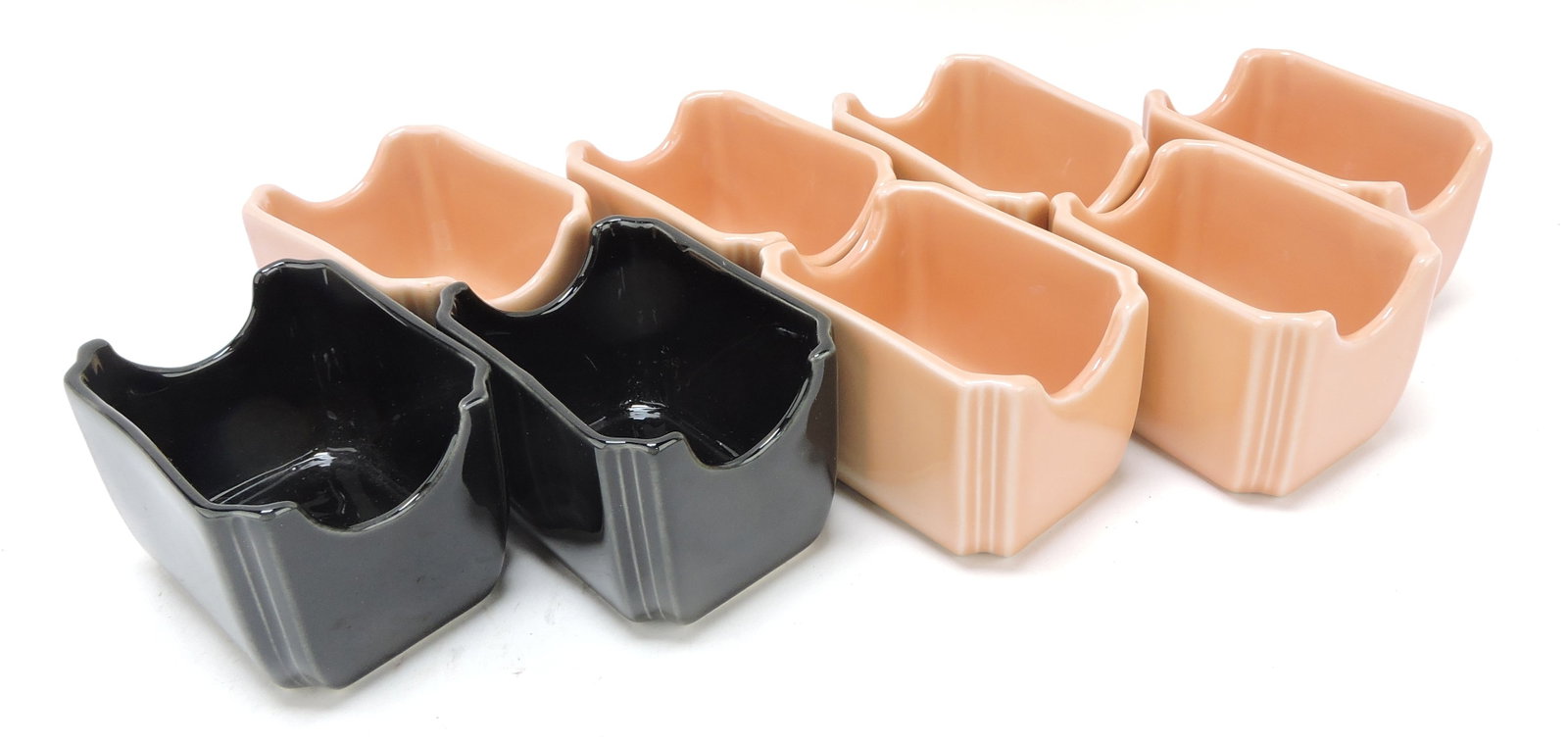 Fiesta Post 86 lot of 8 sugar packet: holders, 2 black, 6 apricot, 2 1/4"x3 1/2"