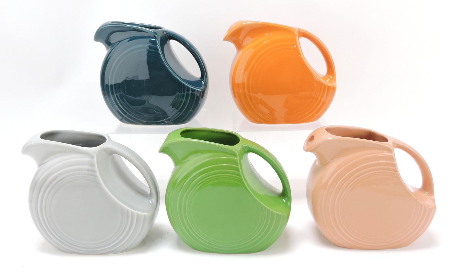 Fiesta Post 86 lot of 5 juice pitchers,: tangerine, apricot, juniper, shamrock, gray, 5 1/2"