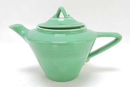 Harlequin teapot, 6", green, lid warped