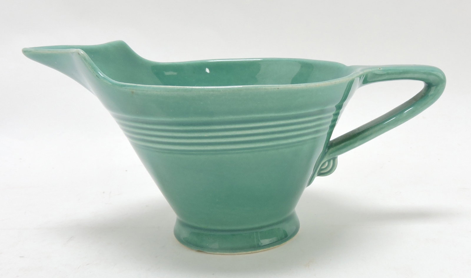 RARE Harlequin high lip creamer,: spruce green, minor base rim nick, 3 1/2"