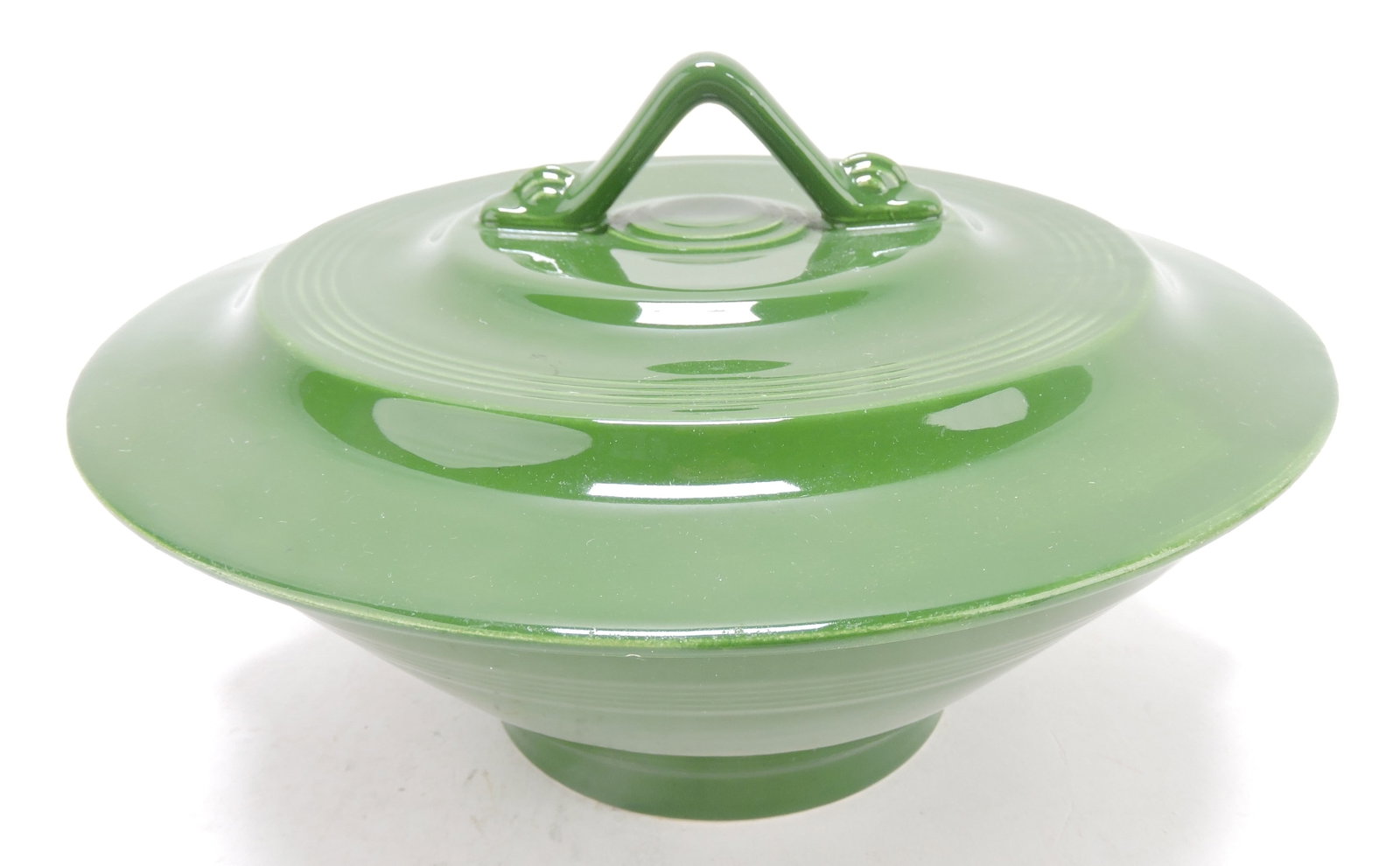 Harlequin casserole, dark green, 5 1/2",: minor flea bite to lid rim