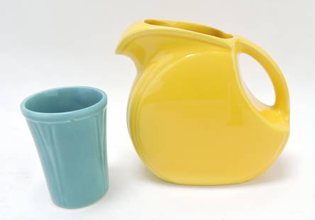 Riviera juice pitcher, yellow, 5 1/2" and: juice tumbler, turquoise, 3 1/2"