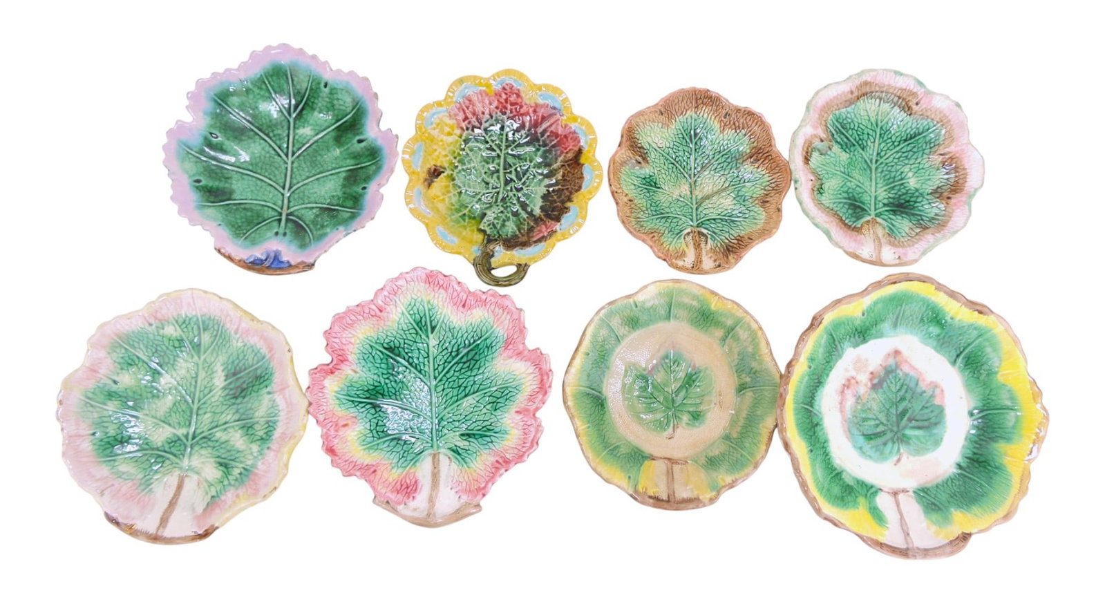 Majolica lot of 8 leaf trays, 7" to 10",: various condition