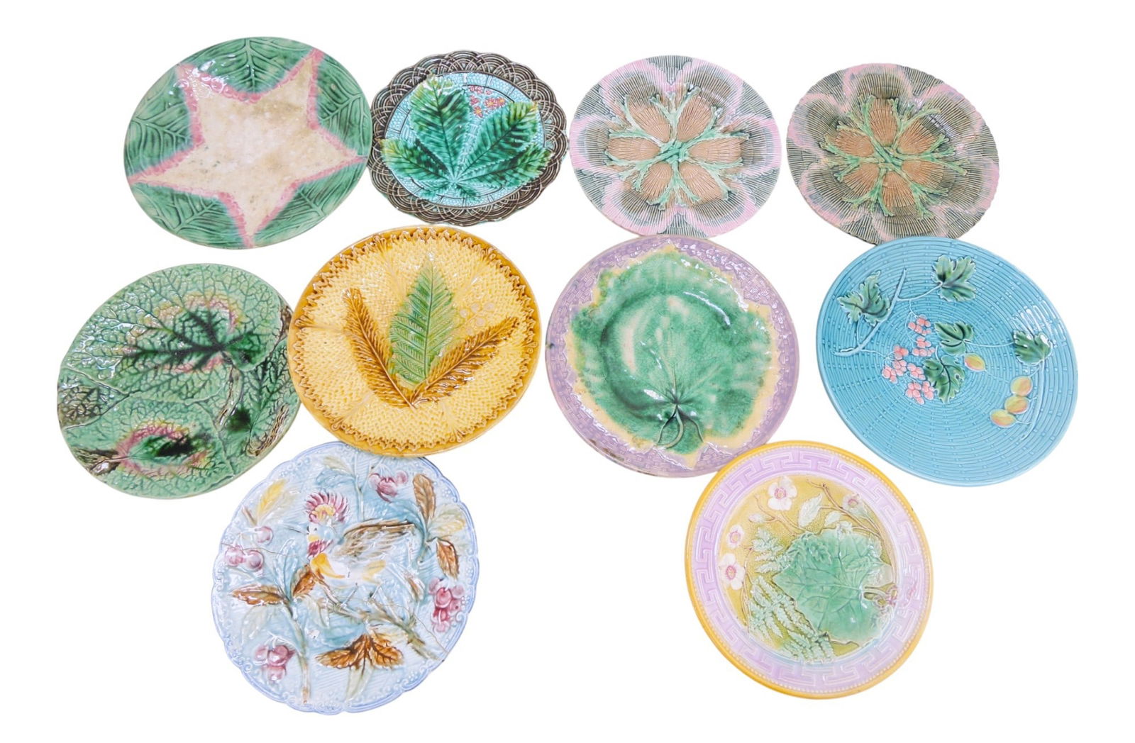 Majolica lot of 10 plates,: 7 3/4" to 9", various condition