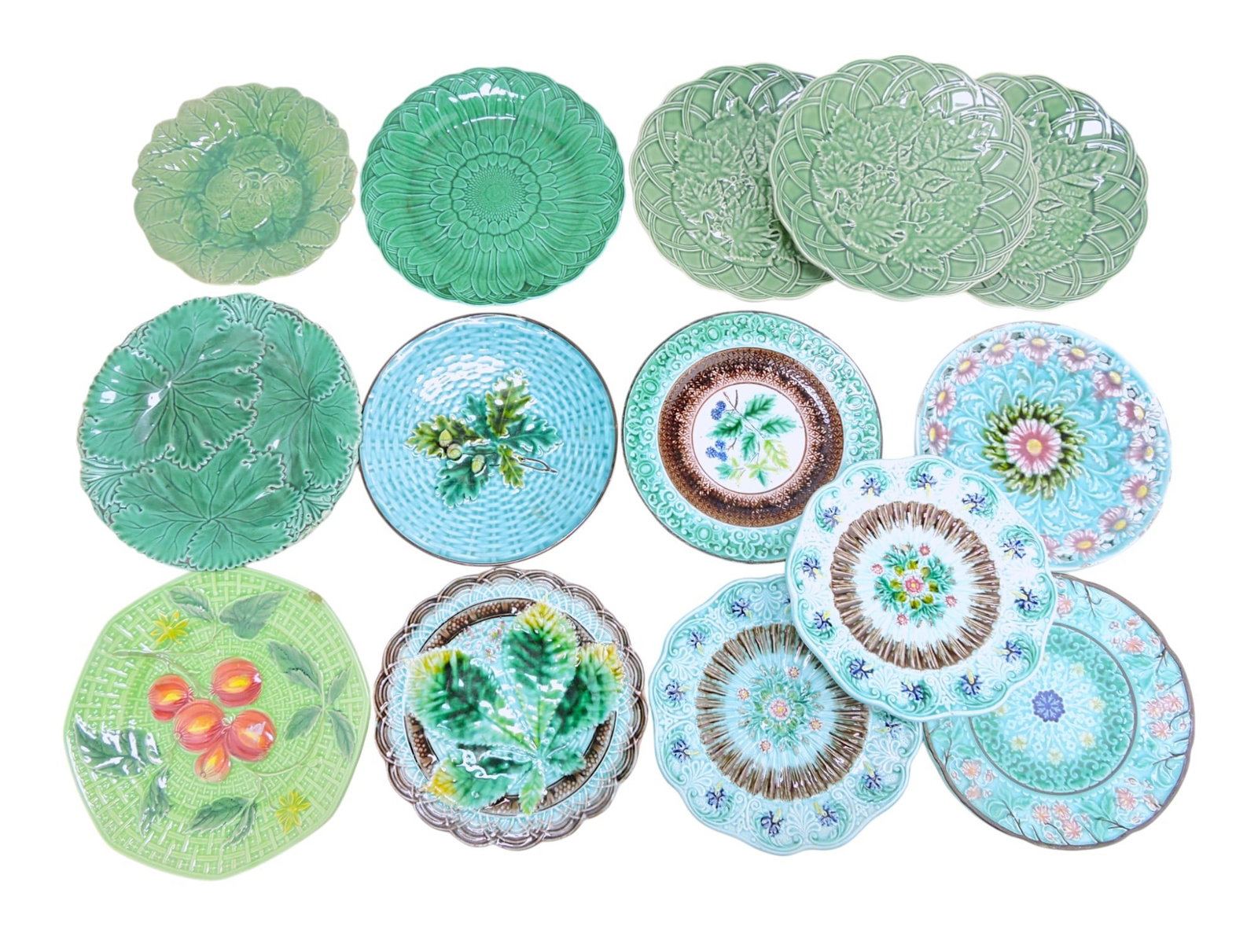 Majolica lot of 14 plates,: 7 1/2" to 8 1/2", various condition