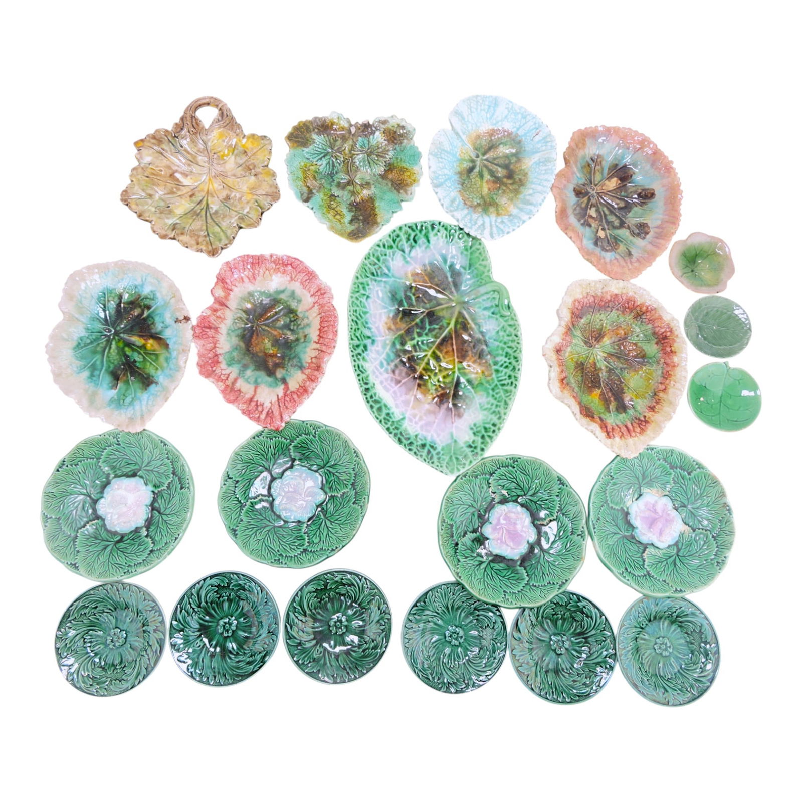 Majolica lot of 21 butter pats, leaf trays, (1 of 1)