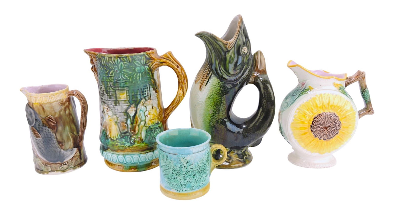 Majolica lot of 4 pitchers and 1 mug, (1 of 1)
