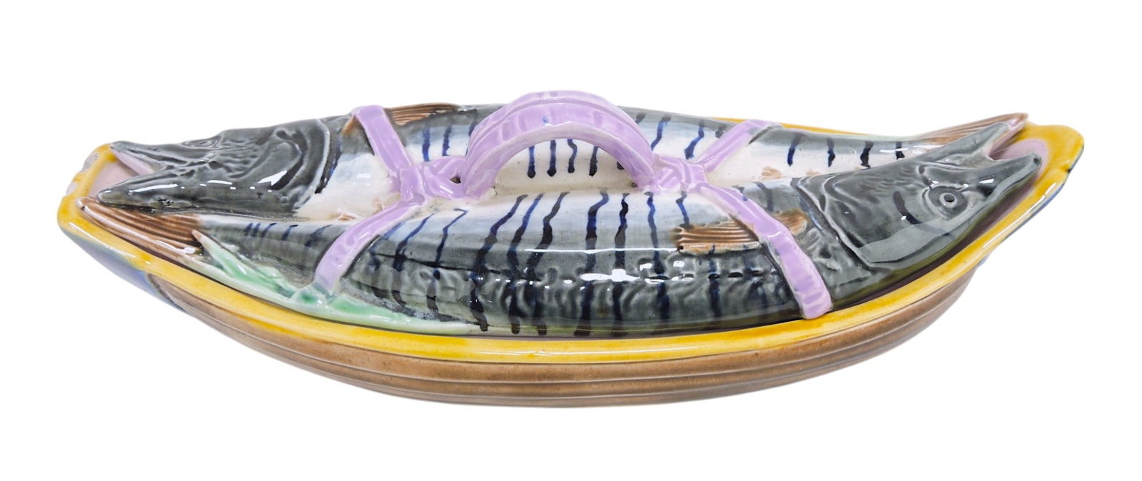Forrester majolica fish covered tureen: with pink ribbon handle, 12 1/2"l, 4 1/2"h, nicks to rim of base