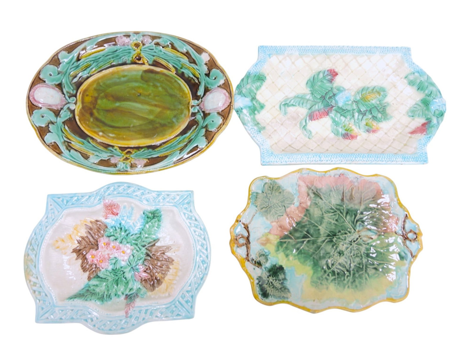Majolica lot of 4 platters, 11" to 13",: various condition