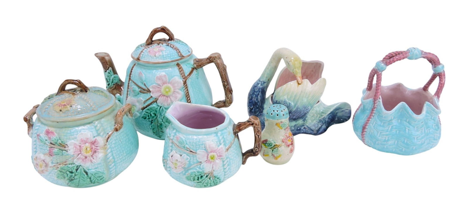 Majolica lot of 6 pieces: 3 pc tea set, (1 of 1)