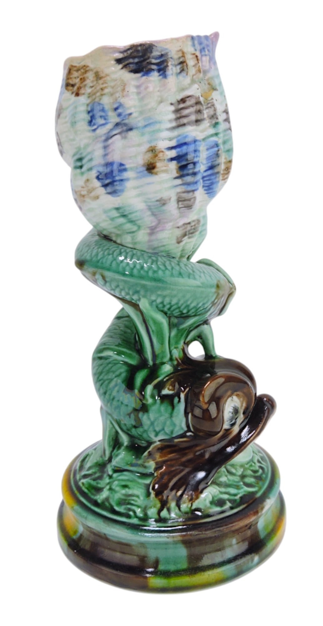 Majolica shell and dolphin vase, 11", (1 of 1)